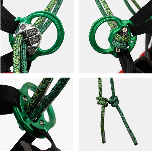 Ceinture de sécurité Kinisi Max Closeup Anneaux en métal vert avec corde et sangles noires