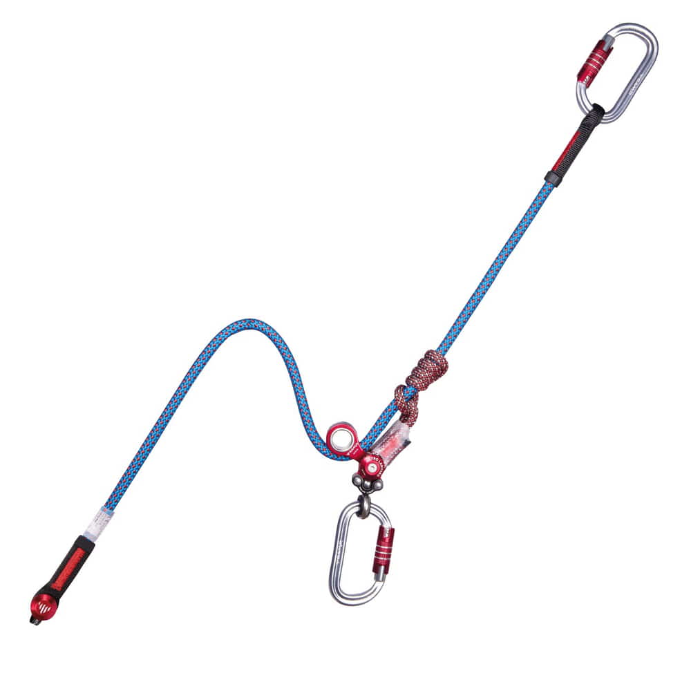 Longe gyroscopique simple, corde d’escalade avec deux mousquetons, corde bleu-rouge et pièces métalliques rouges