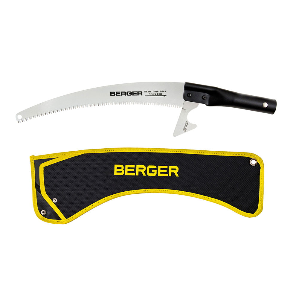 ArboRapid Head 300 de BERGER, une scie incurvée avec une poignée noire et une lame argentée, ainsi qu’un couvercle de protection noir avec bord jaune et logo BERGER