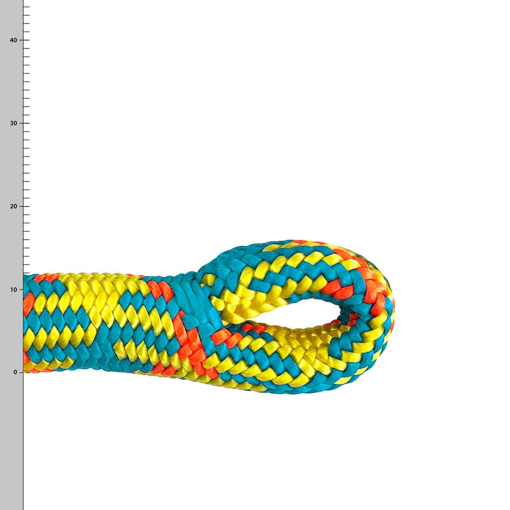 drenaLINE spLIFE, boucle de corde d’escalade colorée en jaune, bleu et orange avec structure tissée et échelle en arrière-plan