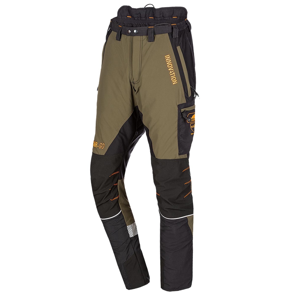Pantalon de travail Canopy AIR-GO en vert olive et noir avec détails et inscription orange INNOVATION