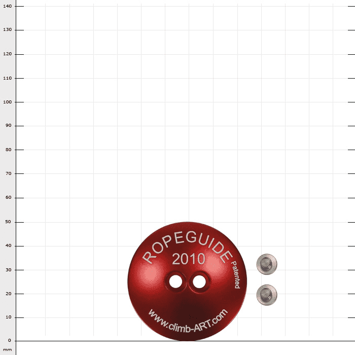 Couvercle RopeGuide 2010, couvercle rond rouge avec deux trous, inscription blanche « ROPEGUIDE 2010 Patented www.climb-ART.com » et deux petites vis argentées à côté