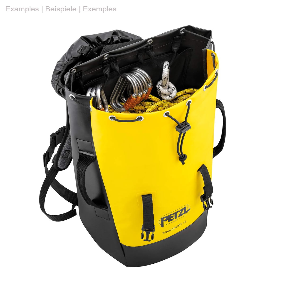 Sac à dos Petzl Transport 45 en jaune et noir ouvert, montrant à l’intérieur du matériel d’escalade tel que des mousquetons et des cordes