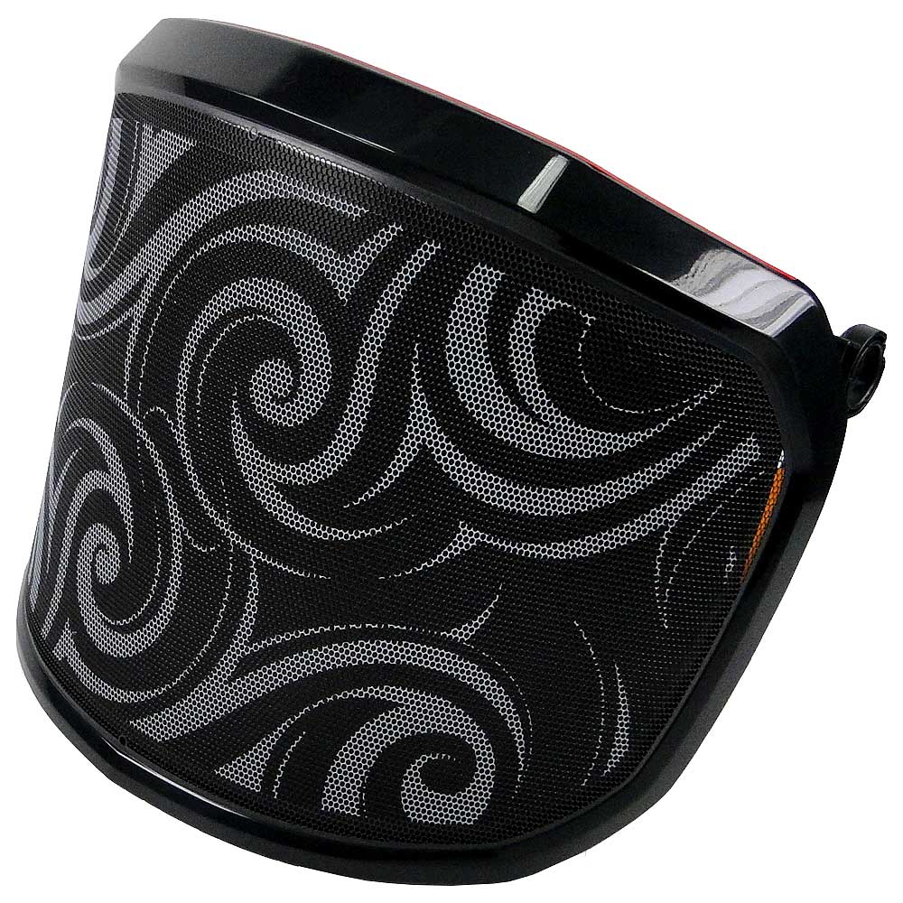 Visière PROTOS® Special Edition avec cadre noir et maille noire avec motifs de tourbillon argentés sur la diagonale avant