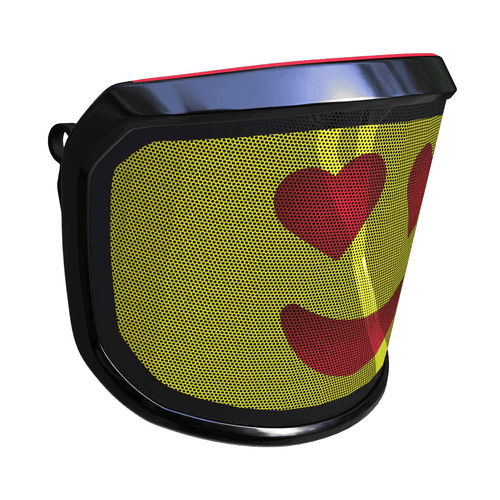 Visière PROTOS® Arbormoji vue latérale de l’autre côté avec fond jaune et visage souriant rouge avec des yeux en forme de cœur, cadre noir