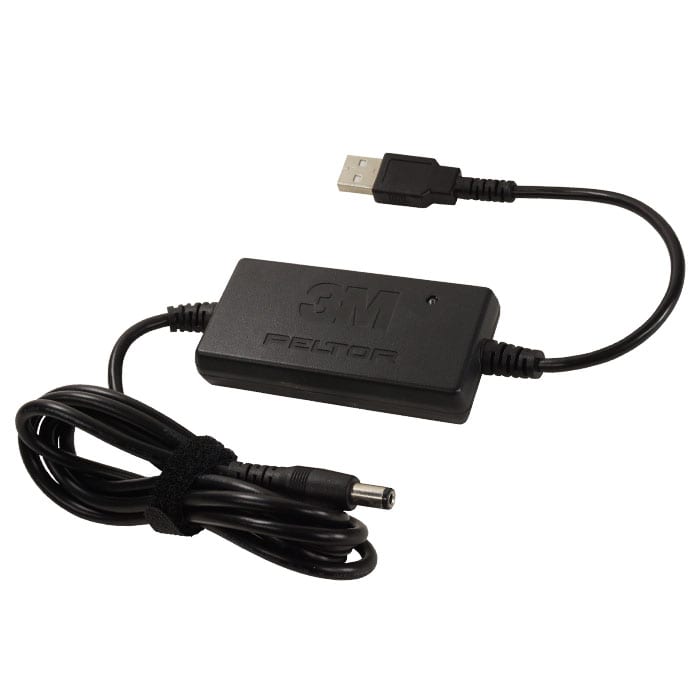 Câble de charge USB Lite Com FR09 de 3M Peltor, câble de charge USB noir avec adaptateur rectangulaire et deux extrémités de câble, l’une avec prise USB et l’autre avec prise ronde.