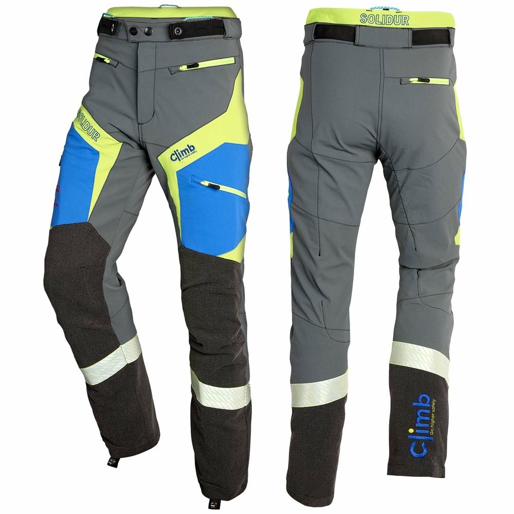 Pantalon d’escalade résistant aux coupures de Solidur en gris, bleu et jaune avec plusieurs poches zippées et zones noires renforcées aux genoux et au bas des jambes, vue de face et de dos