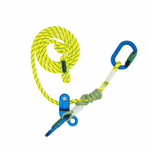 Corde miniGLIDE jaune avec mousqueton bleu et poulie bleue, boucle et nœud verts