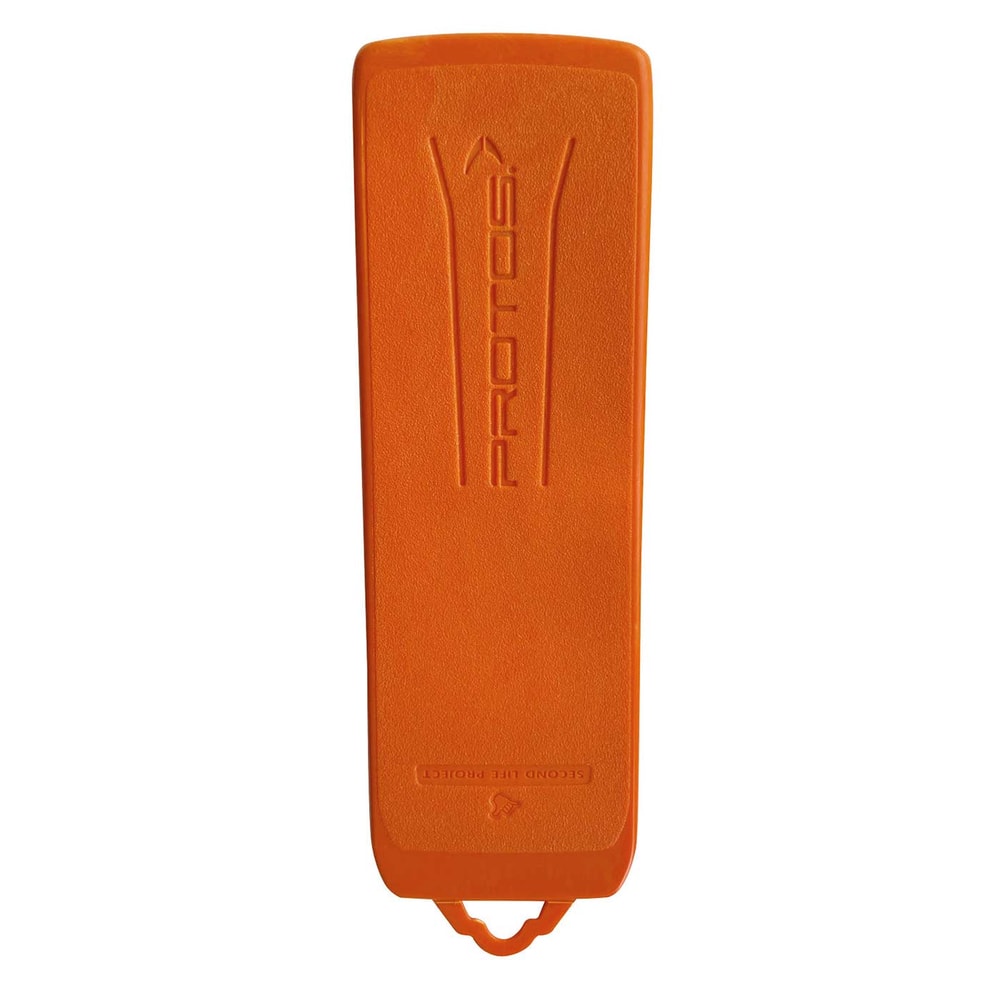 Cale d’abattage PROTOS® orange par le haut avec lettrage PROTOS en relief et un petit œillet à l’extrémité