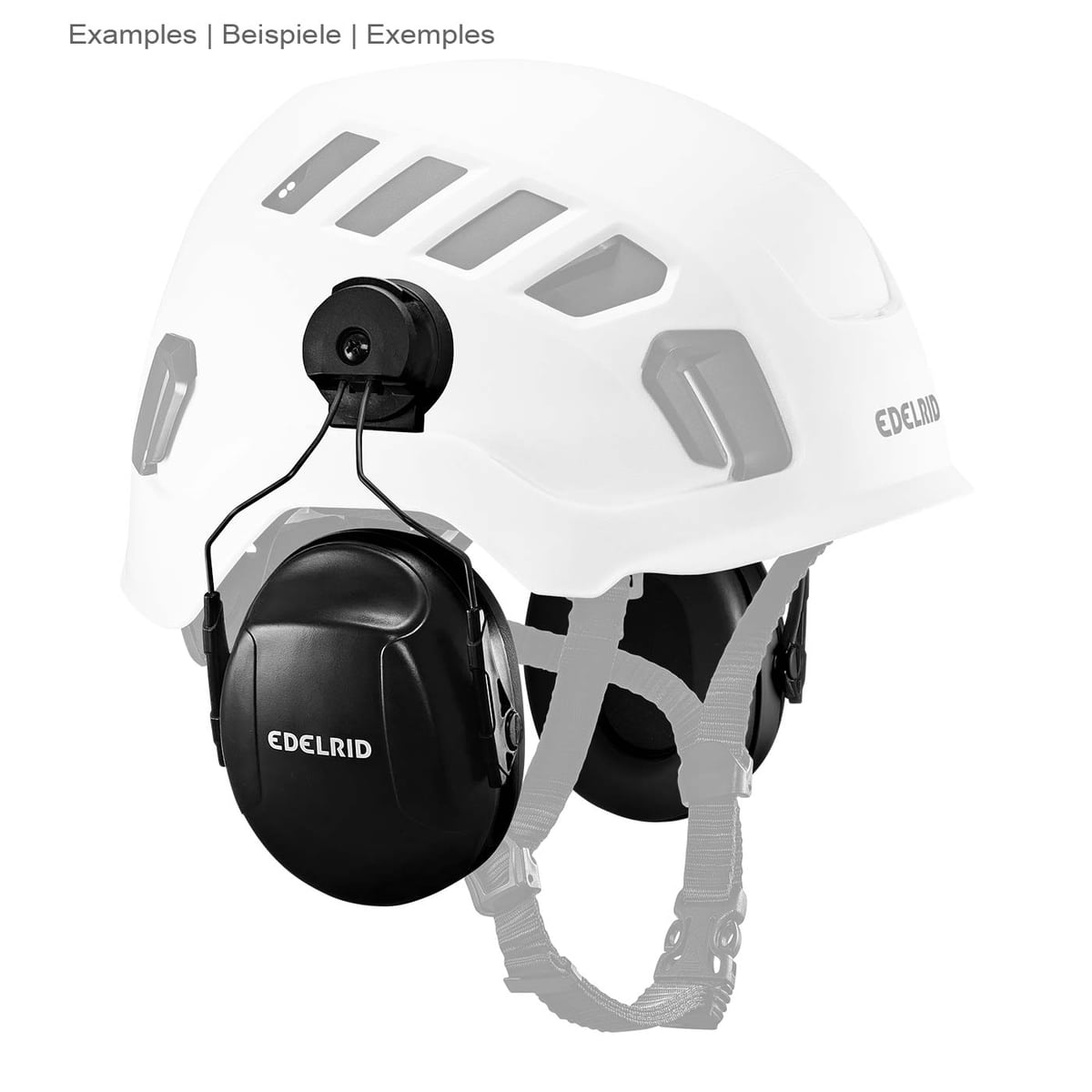 Edelrid Casque anti-bruit noir, monté sur un casque de sécurité blanc avec mentonnière noire, vue latérale