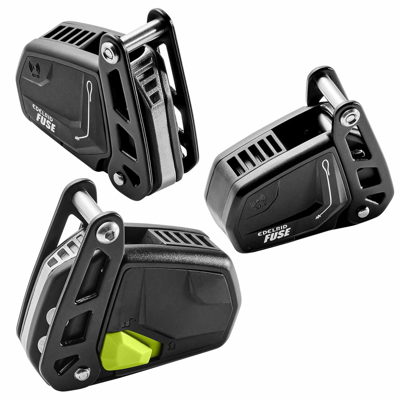 Trois dispositifs de fusibles Edelrid en noir avec levier vert de différentes perspectives sur fond blanc