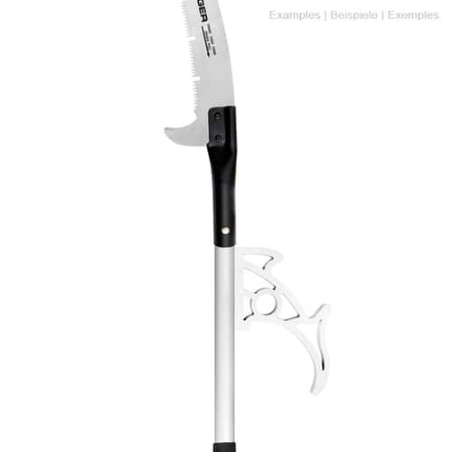 ArboRapid T2 320 de Berger, manche télescopique blanc avec lame de scie noire et crochet métallique en forme de poisson