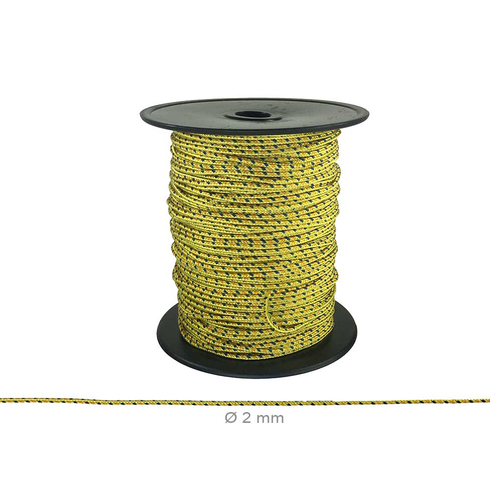Corde multicorde jaune-noir avec motif sur bobine noire, diamètre 2 mm, nom du produit visible sur la bobine
