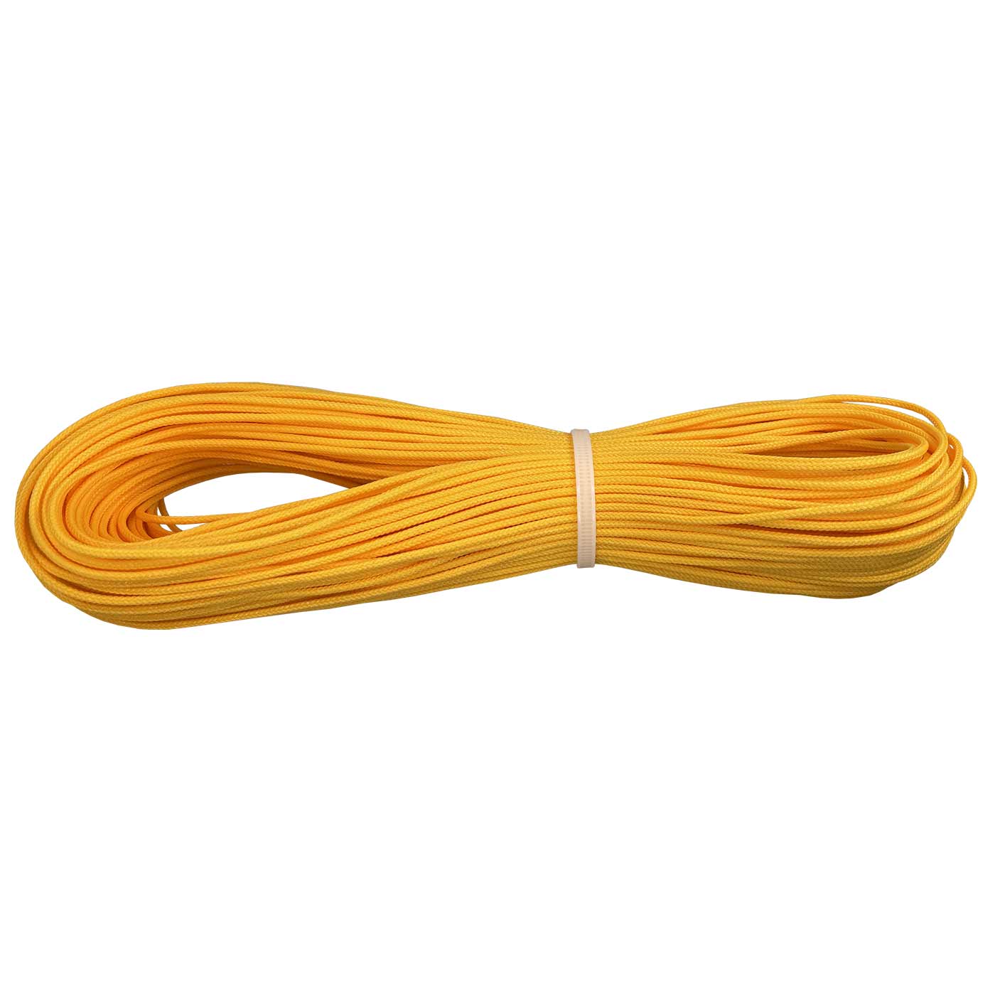 Corde jaune, enroulée et fixée avec un élastique blanc