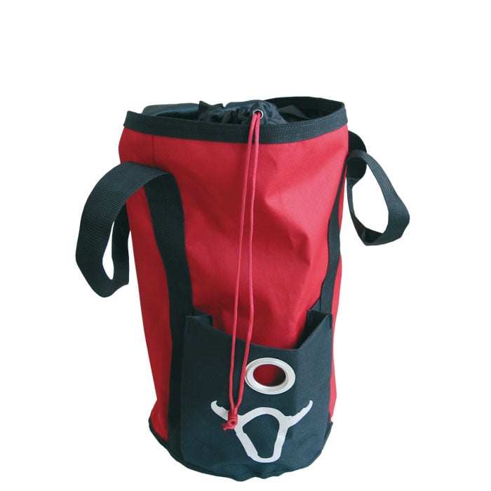 Maxi pochette rouge et noire avec poignées de transport et fermeture à cordon, sans fabricant ni type visible