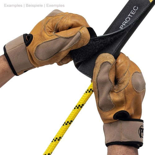Protection Petzl Protec noire et jaune avec fermeture velcro, tenue à deux mains avec des gants de travail marron, nom du produit et fabricant visibles