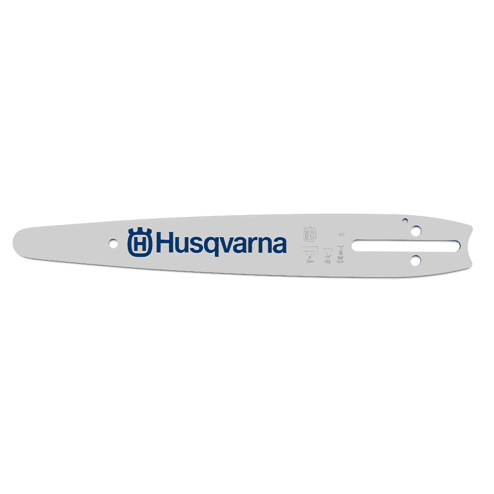 Rail de sculpture 10 / 1/4 de Husqvarna en blanc avec logo Husqvarna bleu et plusieurs trous de montage, gros plan du rail avec symboles et indications techniques