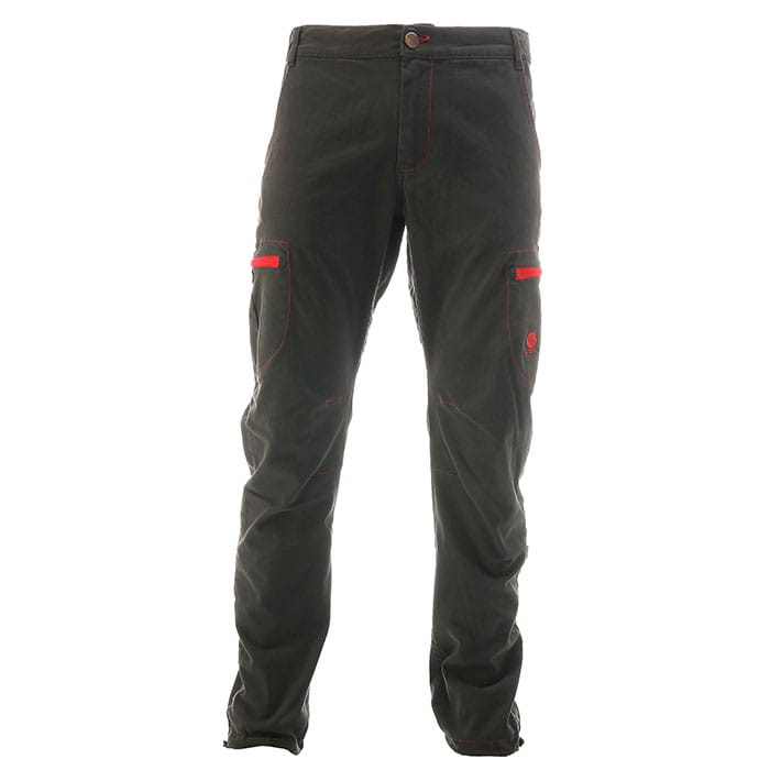 Pantalon cargo Heavy en gris foncé avec des accents rouges sur les poches latérales, coupe droite et fermeture boutonnée