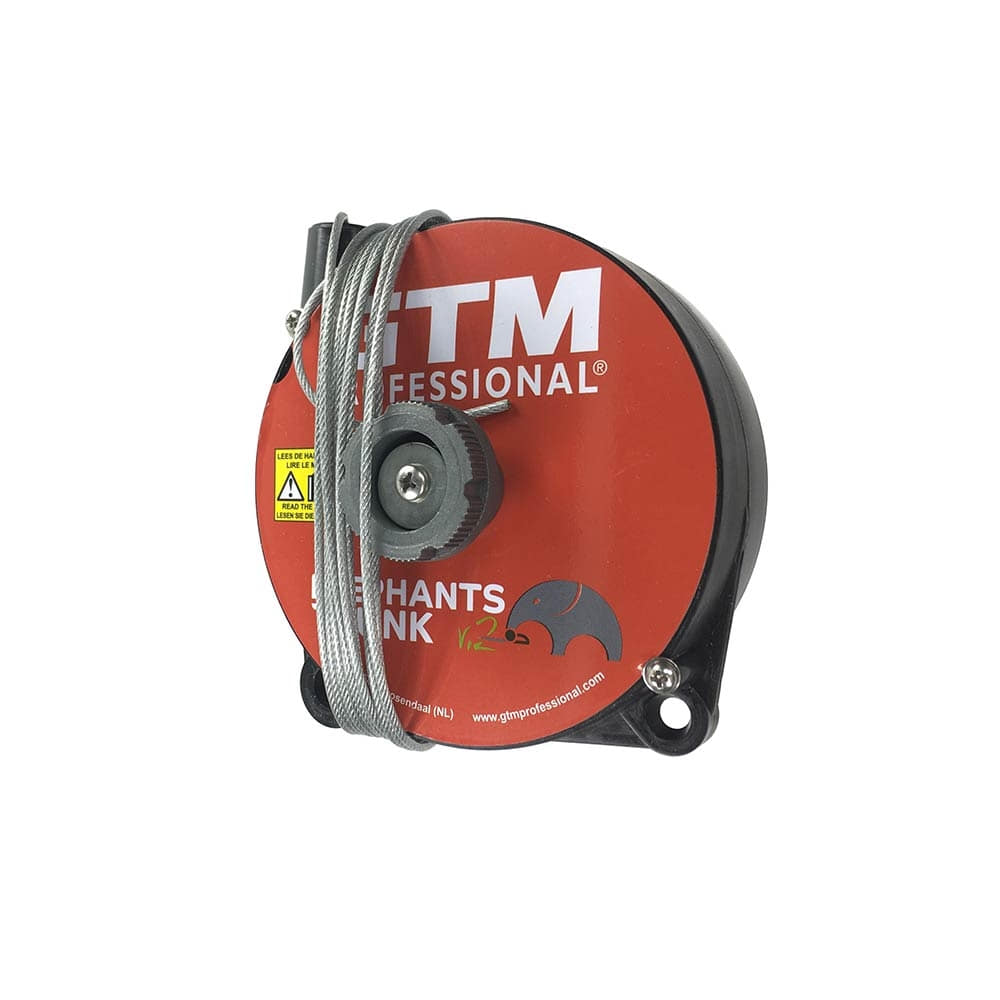 Câble Elephant ́s Trunk 2 de GTM Professional, boîtier rond rouge avec bord noir et câble en acier enroulé, inscription GTM Professional et Elephants Trunk v2 sur le devant