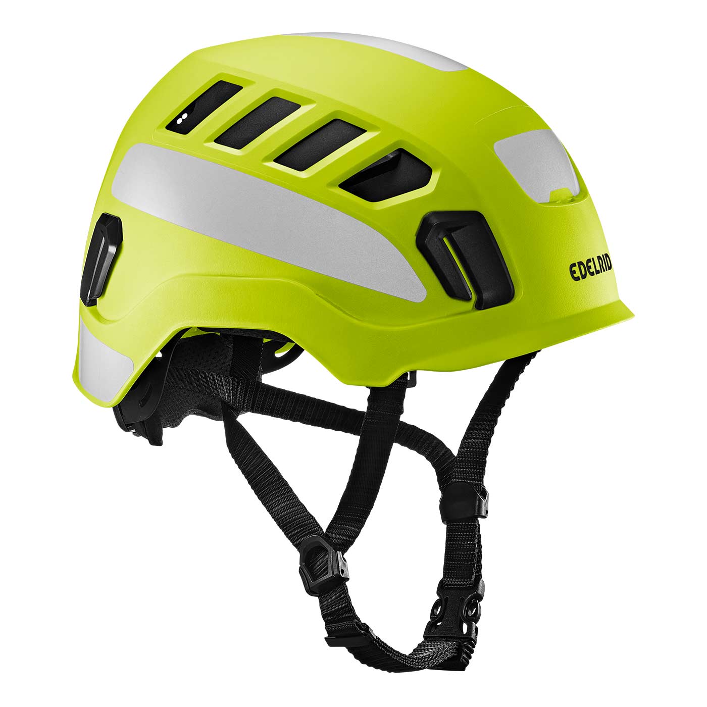 Casque d’escalade Tectum Air Hi-Viz d’Edelrid en jaune vif avec réflecteurs blancs et mentonnière noire, vue latérale