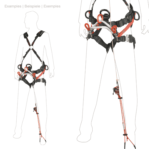 Silhouettes de deux personnes portant un harnais noir et rouge avec le système turboknee attaché avec une corde rouge et un dispositif métallique