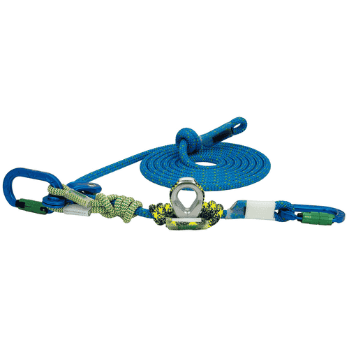 corde bleue hipSTAR Glide 11.5 enroulée avec deux mousquetons bleus et œillet métallique, enveloppée d’une corde vert-jaune, repose sur fond blanc