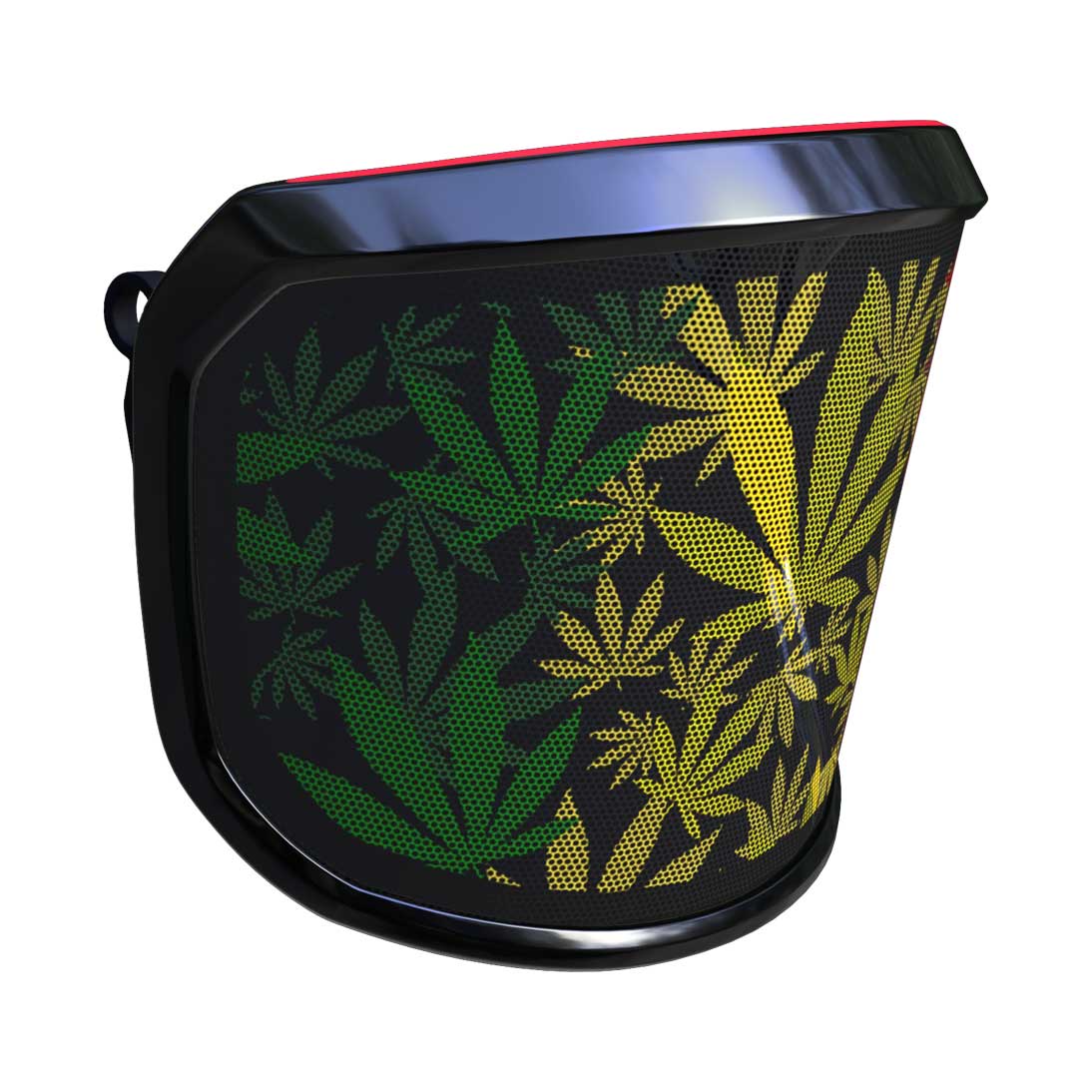 Visière PROTOS Special Edition avec cadre noir, vue latérale avec motif de feuilles vertes®, jaunes et rouges sur fond noir