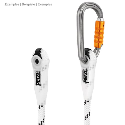 Grillon de Petzl, gros plan sur une corde blanche avec élément en plastique blanc et mousqueton