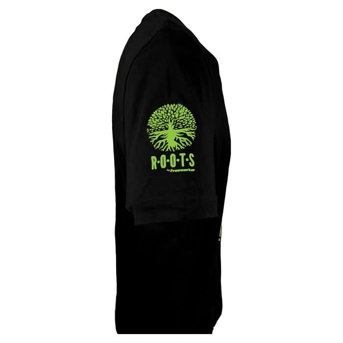 T-shirt noir Inside Me avec logo vert « ROOTS by Preserverwear » sur la manche, vue latérale