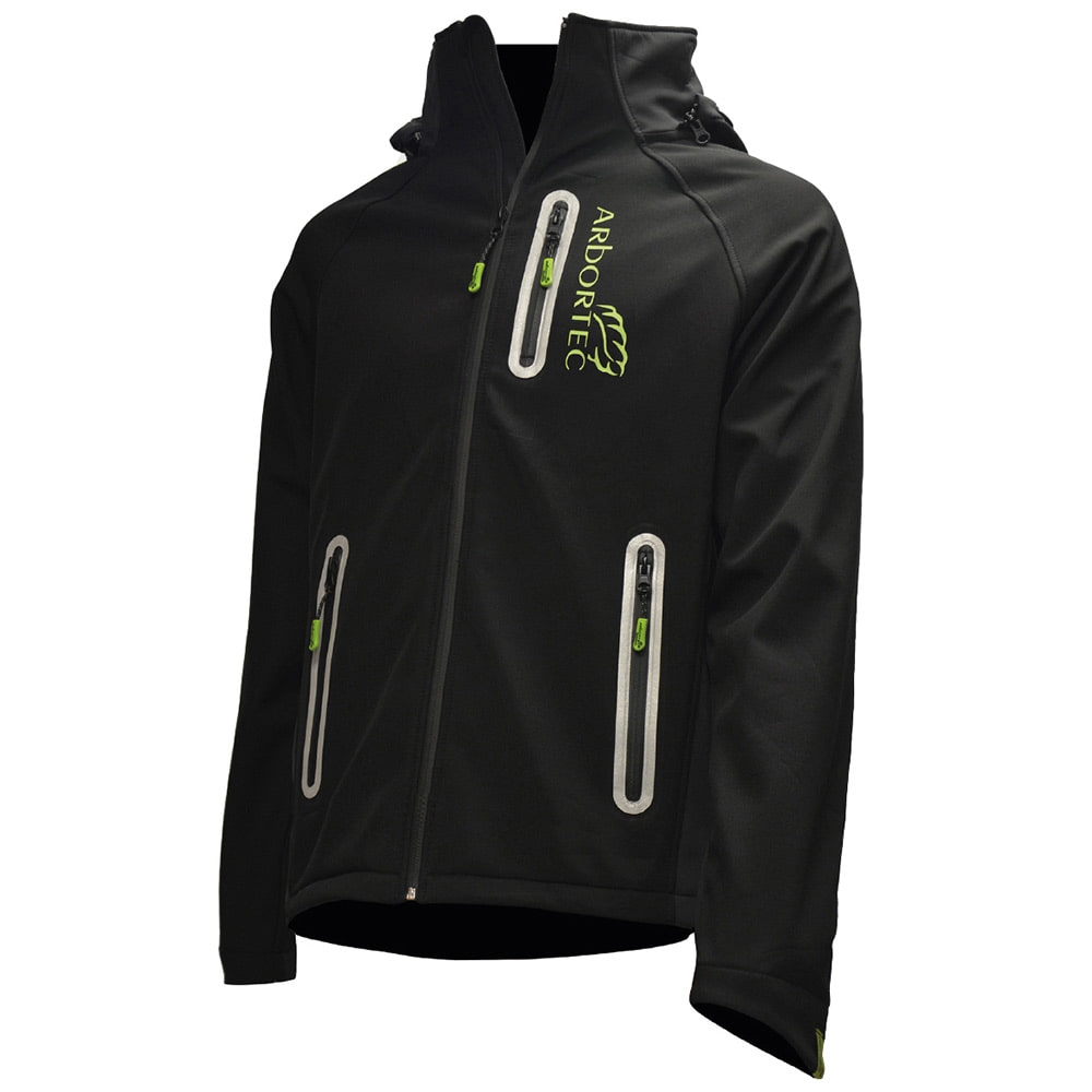 Veste Caïman noire d’Arbortec avec trois poches zippées et logo vert sur la poitrine