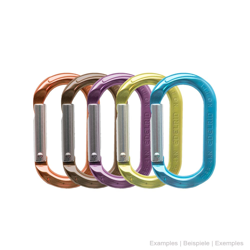 Mousqueton Mini-O en cinq couleurs différentes (orange, marron, violet, jaune, bleu) avec ressorts de verrouillage argentés, fabricant non visible