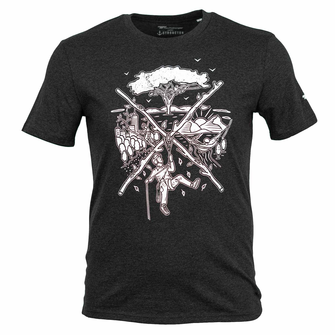T-shirt tSPIRIT gris foncé avec imprimé graphique blanc d’un grimpeur et motifs nature sur le devant