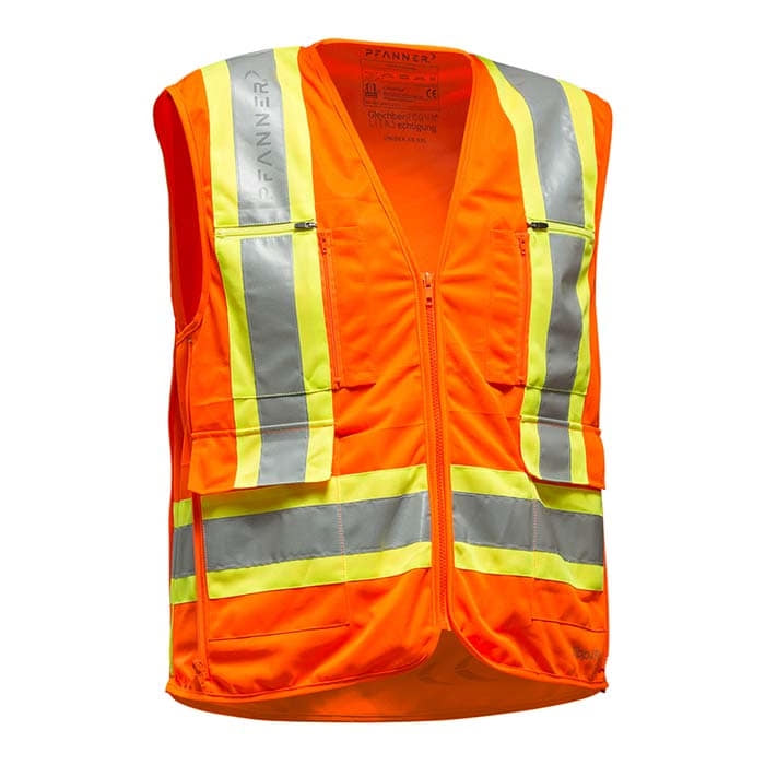 Gilet de sécurité Zipp-4-Fit de Pfanner en orange vif avec bandes réfléchissantes jaunes et argentées, fermeture éclair à l’avant, deux poches avec fermeture éclair