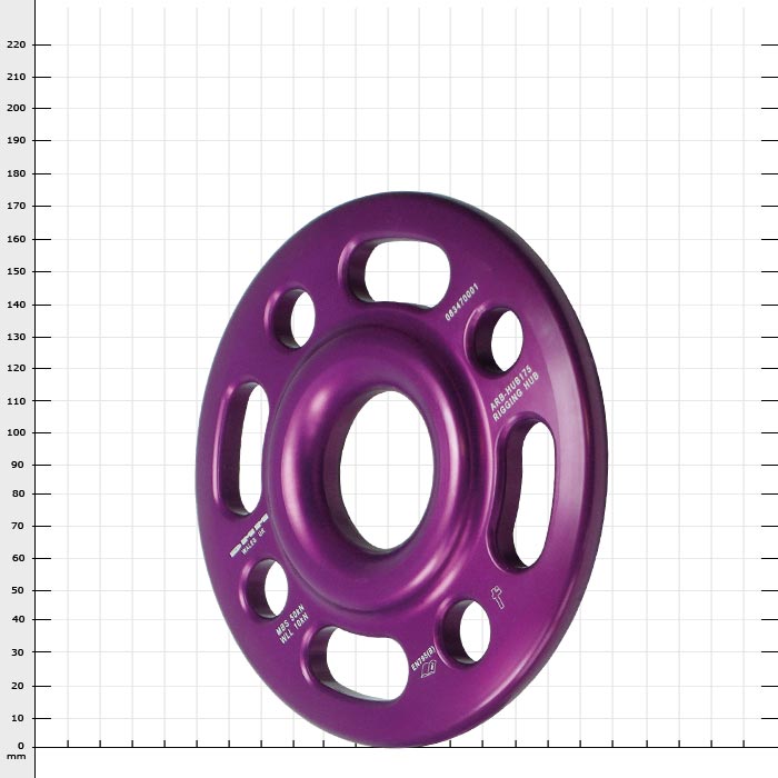 Rigging Hub 175, disque rond violet avec plusieurs trous et inscriptions, photographié légèrement incliné sur fond blanc