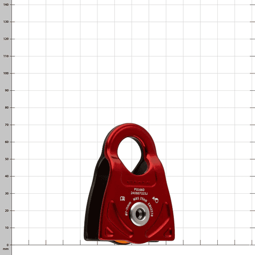 Poulie rouge avec dos noir, modèle PUL660 avec caractéristiques techniques à l’avant