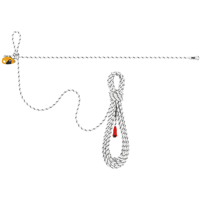 Grillon by Petzl, corde longue blanche avec élément de bloqueur jaune et extrémité de corde rouge