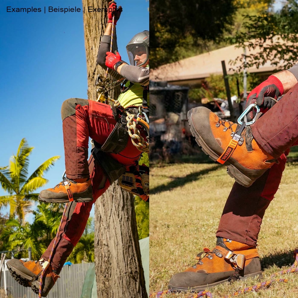 Deux photos montrent une personne portant des chaussures orange et un pantalon rouge portant le Foot Loop 1 de Reecoil sur ses pieds, l’une montrant grimpant à un arbre, l’autre montrant le Foot Loop 1 attaché au pied avec un mousqueton.