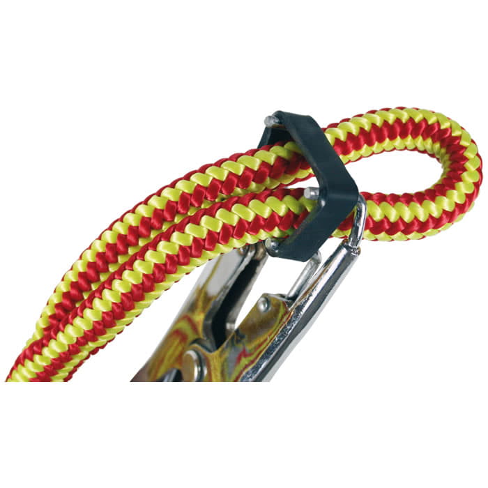 Caoutchoucs de fixation, un petit caoutchouc noir maintient une corde tressée rouge et jaune sur une pince en métal argenté