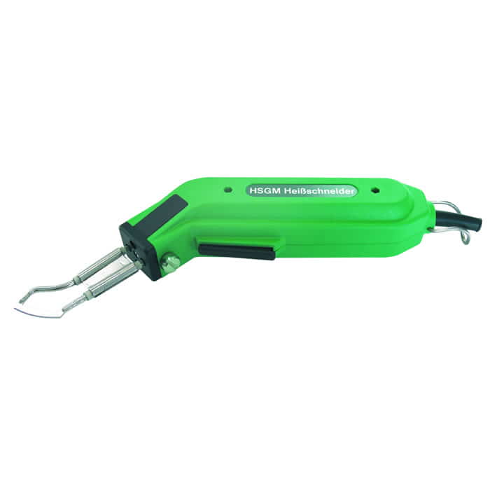 Coupe-eau vert avec poignée noire et deux pointes en métal qui dit « HSGM Hot Cutter »