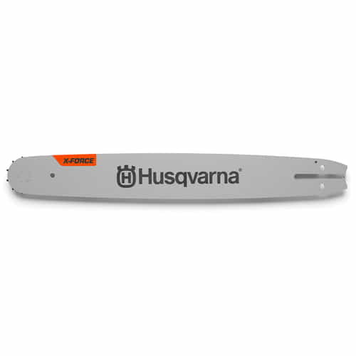 X-Force Frame 18 / 3/8 SM de Husqvarna, cadre gris avec logo Husqvarna noir et lettrage X-Force orange, vue latérale sans chaîne