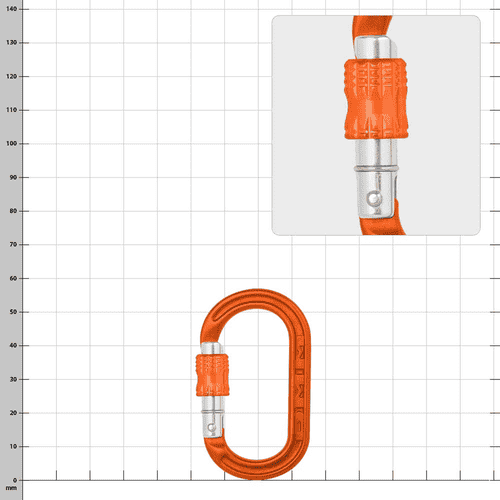 XSRE Lock, fabricant non visible, mousqueton orange avec fermeture orange, gros plan de la fermeture en haut à droite