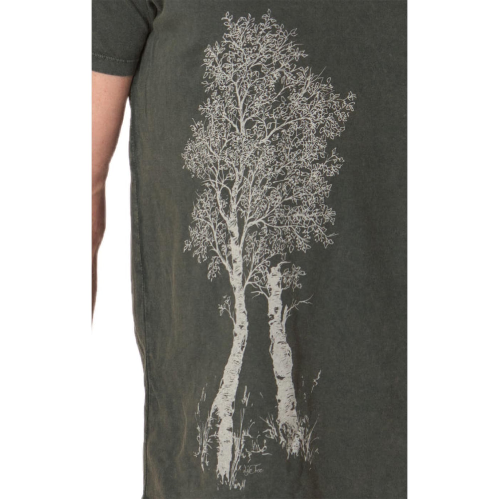 Détail du motif de l’arbre blanc sur le t-shirt Birch Tree vert olive
