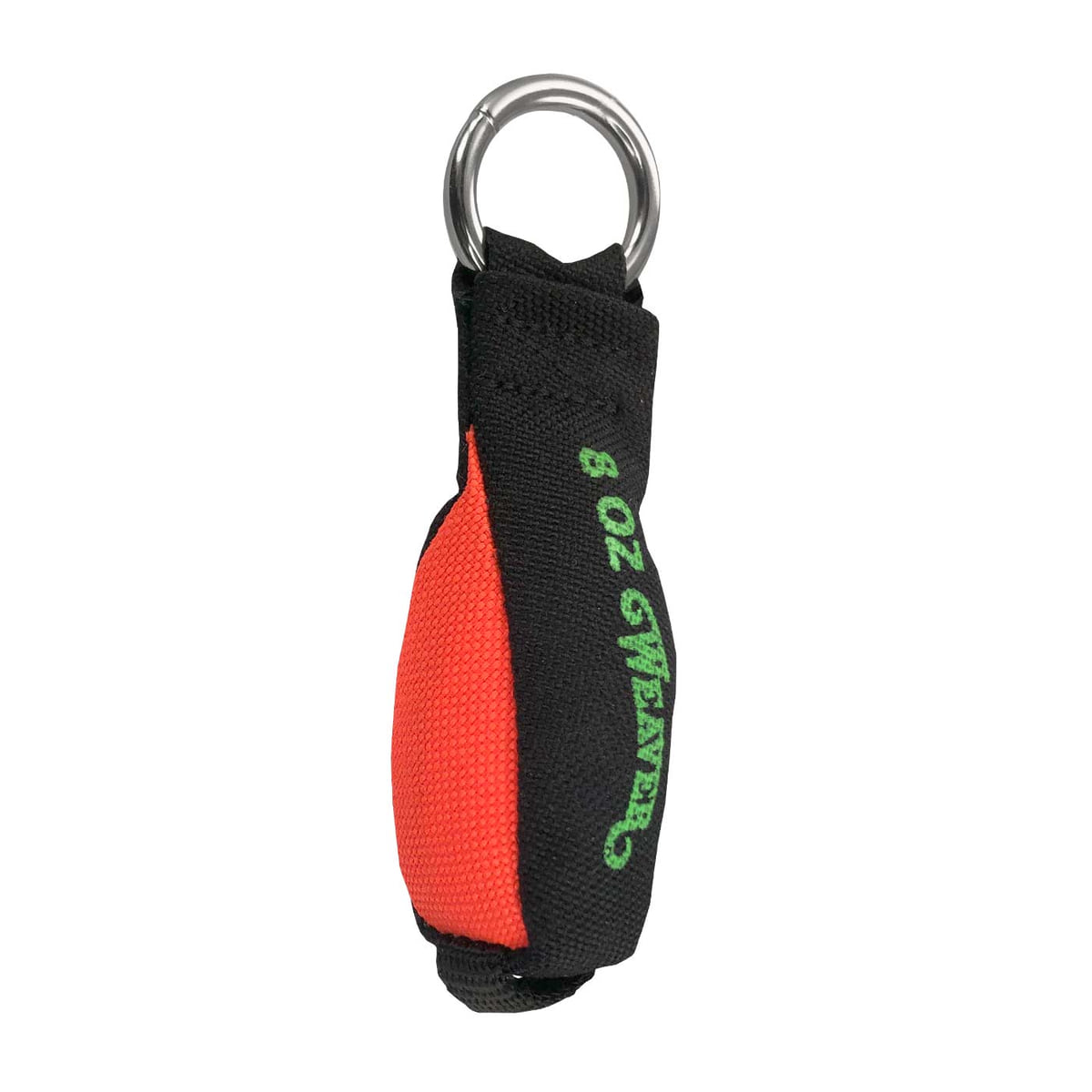 Balle de 8 OZ, noire et rouge avec texte vert et anneau métallique sur le dessus, vue latérale