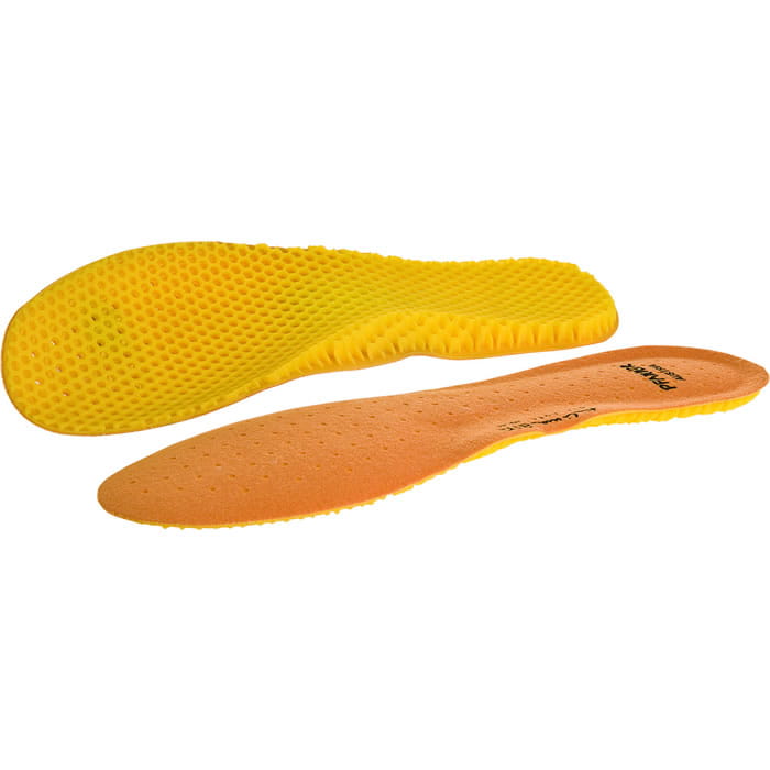 Une paire de semelles jaunes et oranges avec structure en nid d’abeille sur le fond, nom du produit Air Soft Outdoor
