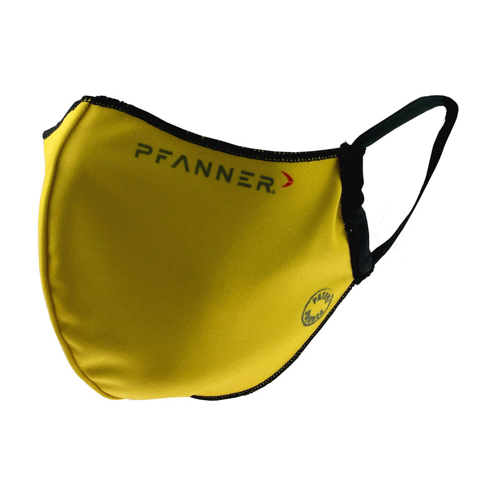 Masque réversible PFANNER® jaune avec bord noir et élastique noir, logo PFANNER® sur le dessus du masque
