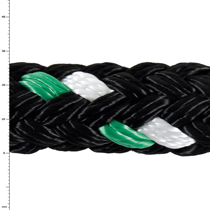 GEFA 8T PES vert, gros plan d’une corde noire tressée avec des fils verts et blancs