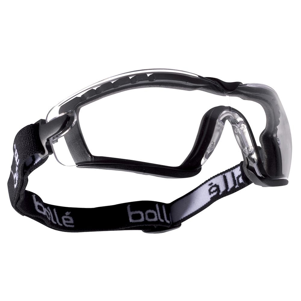 Lunettes de sécurité Bollé Cobra avec verres transparents et bandeau réglable noir avec lettrage blanc