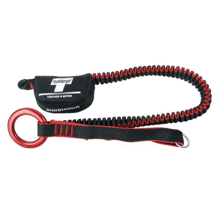 Longe à outils antiSHOCK de Teufelberger, élastique noir et rouge avec anneau en métal rouge et étiquette noire avec inscription