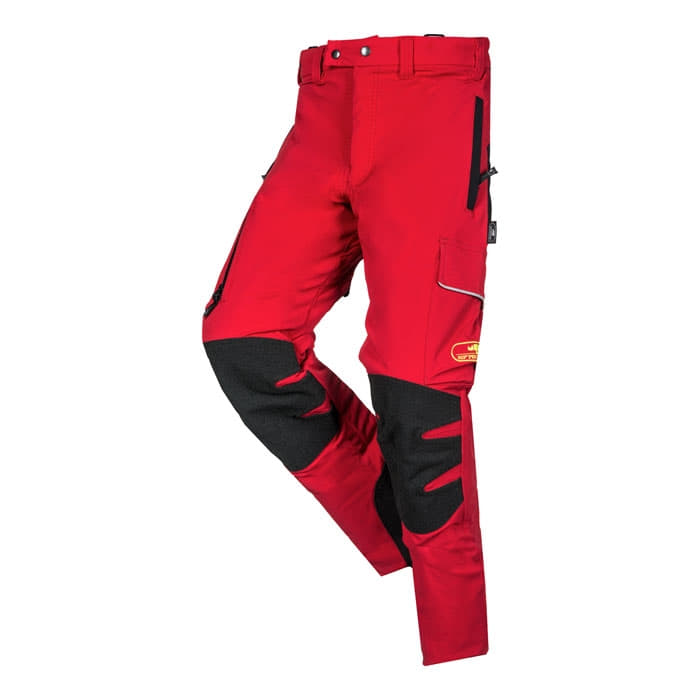 Pantalon de travail rouge Arborist Progress avec renforts noirs aux genoux et aux jambes, logo visible sur le côté