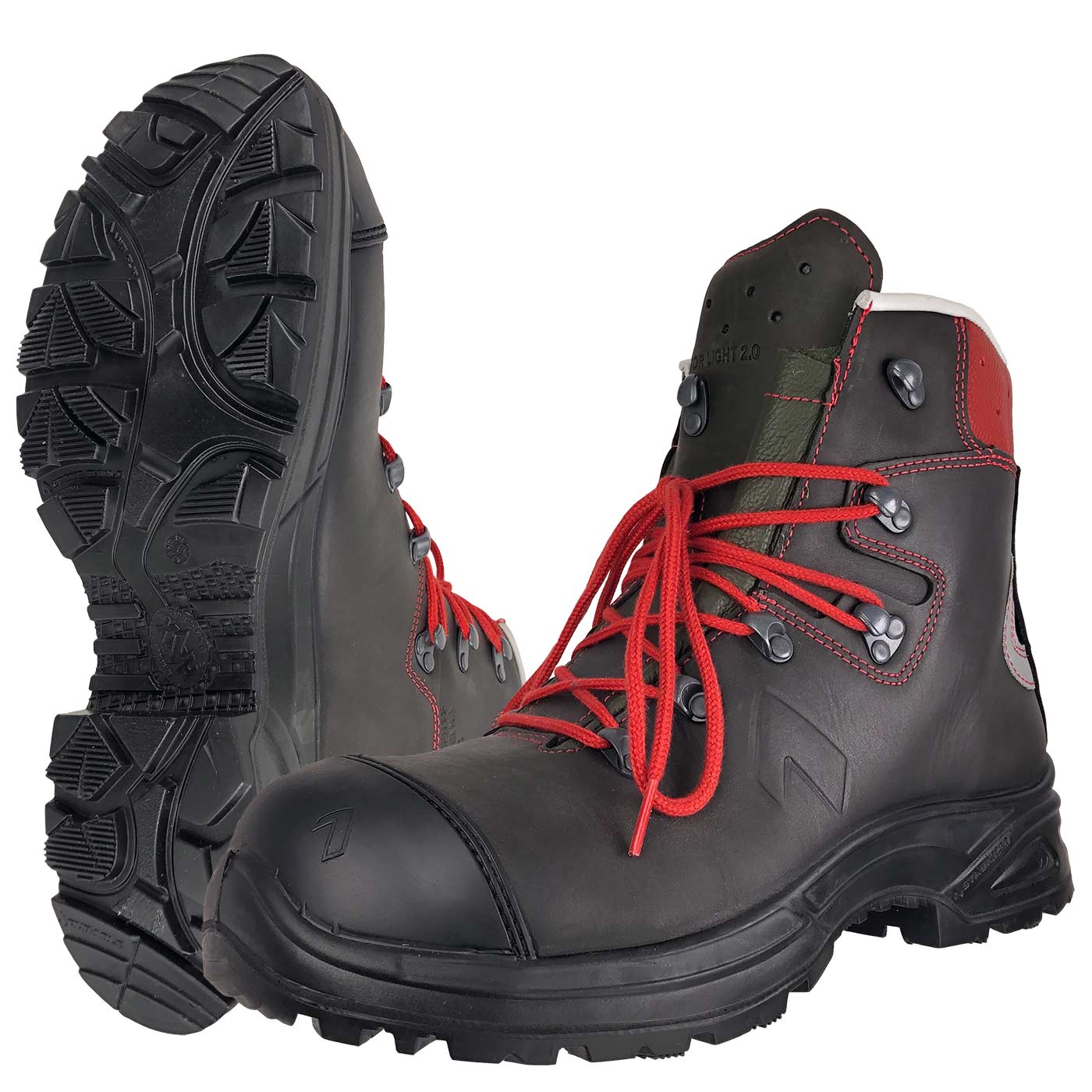 Chaussure de travail Black Protector Light 2.1 avec lacets rouges, semelle noire et talon rouge, une chaussure se tient debout, l’autre repose avec la semelle tournée vers l’avant
